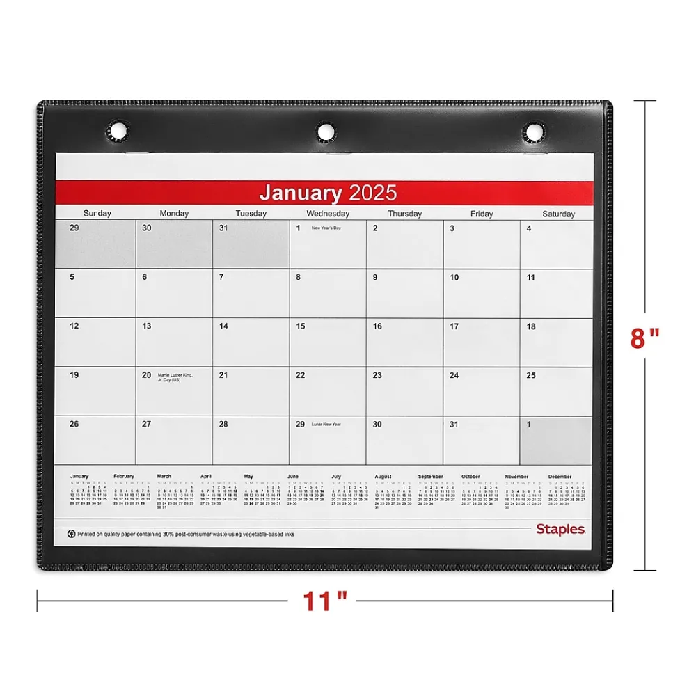 2025 Calendars|Staples 2025 11" x 8" Wall Calendar, White/Black (ST12949-25)