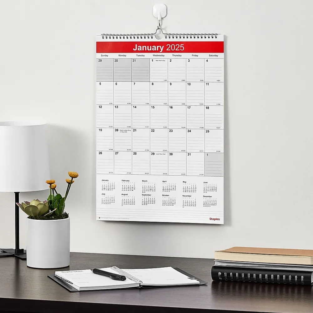 2025 Calendars|Staples 2025 12" x 17" Wall Calendar, White/Red (ST53913-25)
