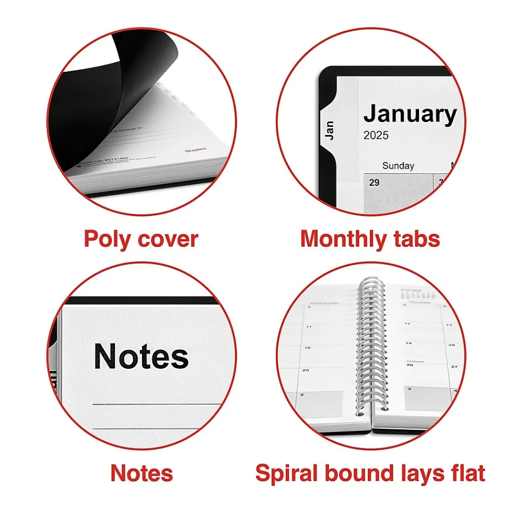 2025 Planners|Staples 2025 5" x 8" Weekly & Monthly Planner, Plastic Cover, Black (ST21490-25)