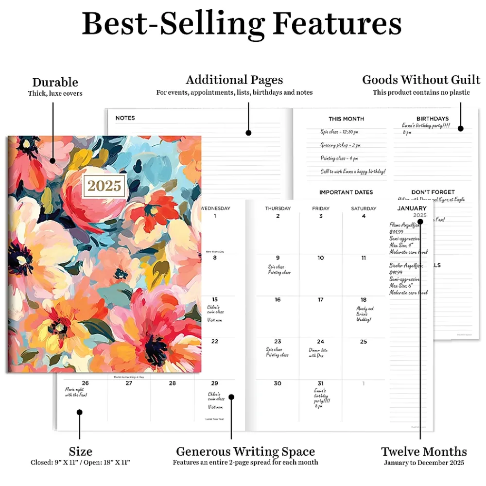 2025 Planners|TF Publishing 2025 9" x 11" Monthly Planner, Paperboard Cover, Impressed Flowers (25-4708)