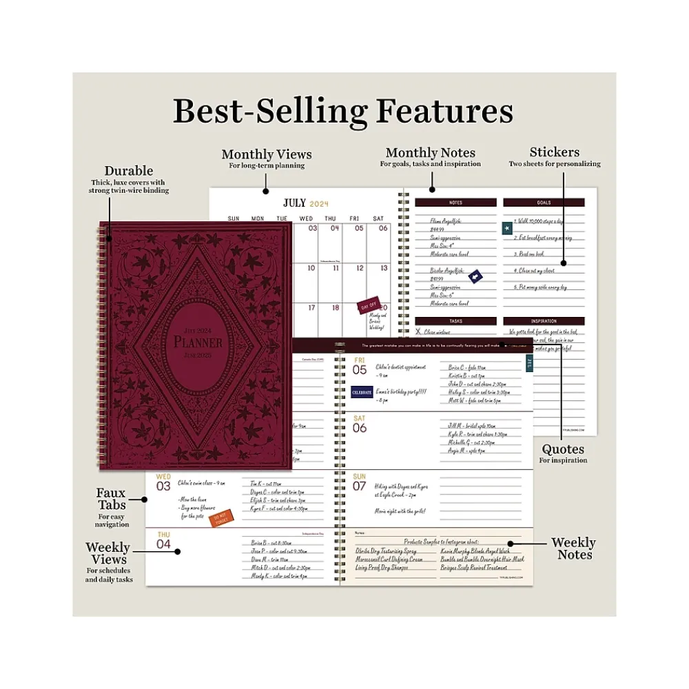 Academic Planners|TF Publishing 2024-2025 Bibliophile Series Merlot 8.5" x 11" Academic Weekly & Monthly Planner, Paperboard Cover, Red/Black