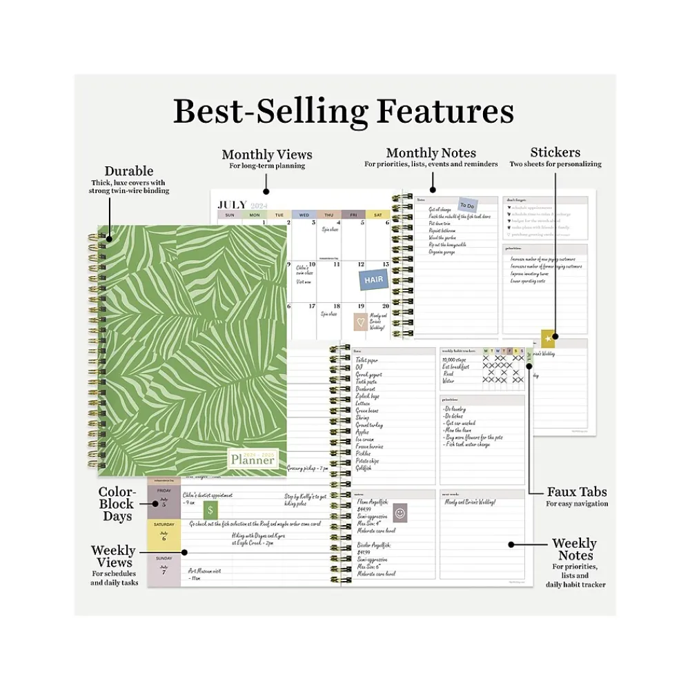 Academic Planners|TF Publishing 2024-2025 White Lotus Verde Fronds 6" x 8" Academic Weekly & Monthly Planner, Paperboard Cover, Green/White