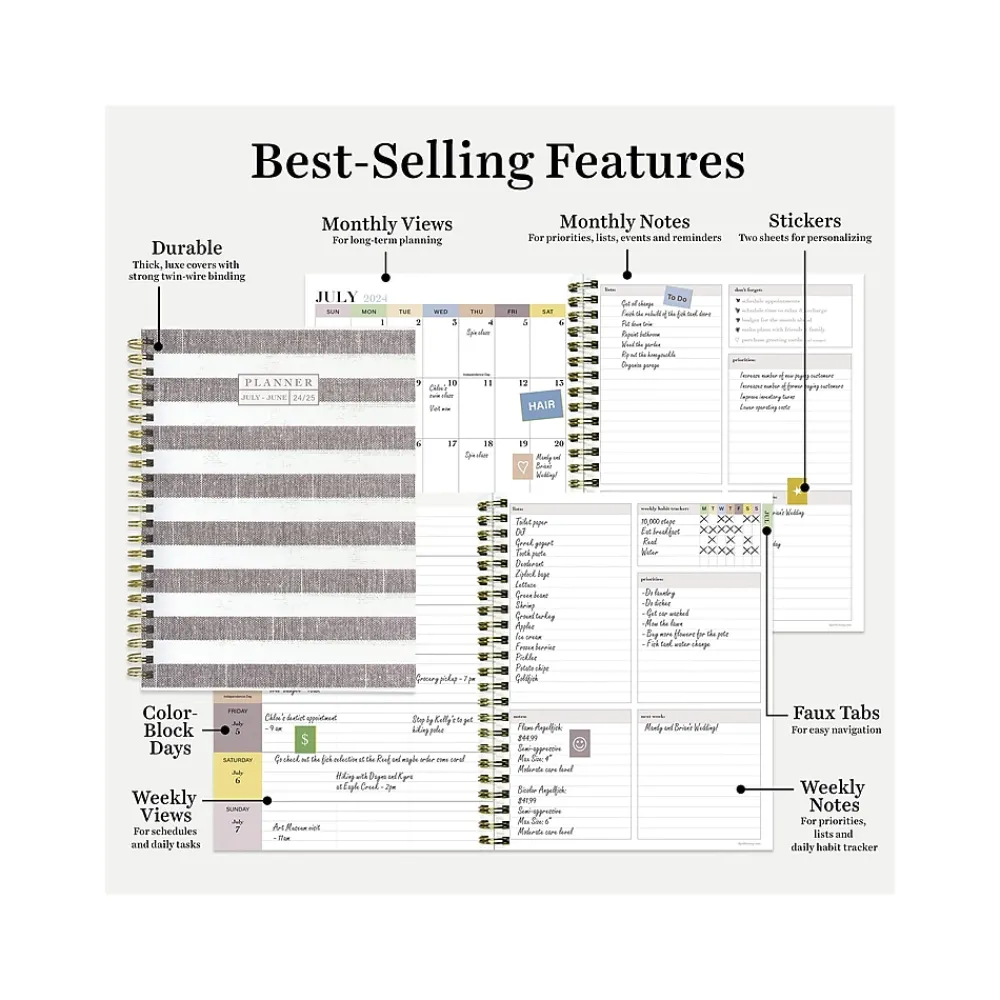 Academic Planners|TF Publishing 2024-2025 White Lotus Series Seersucker Stripe 6" x 8" Academic Weekly & Monthly Planner, Paperboard Cover