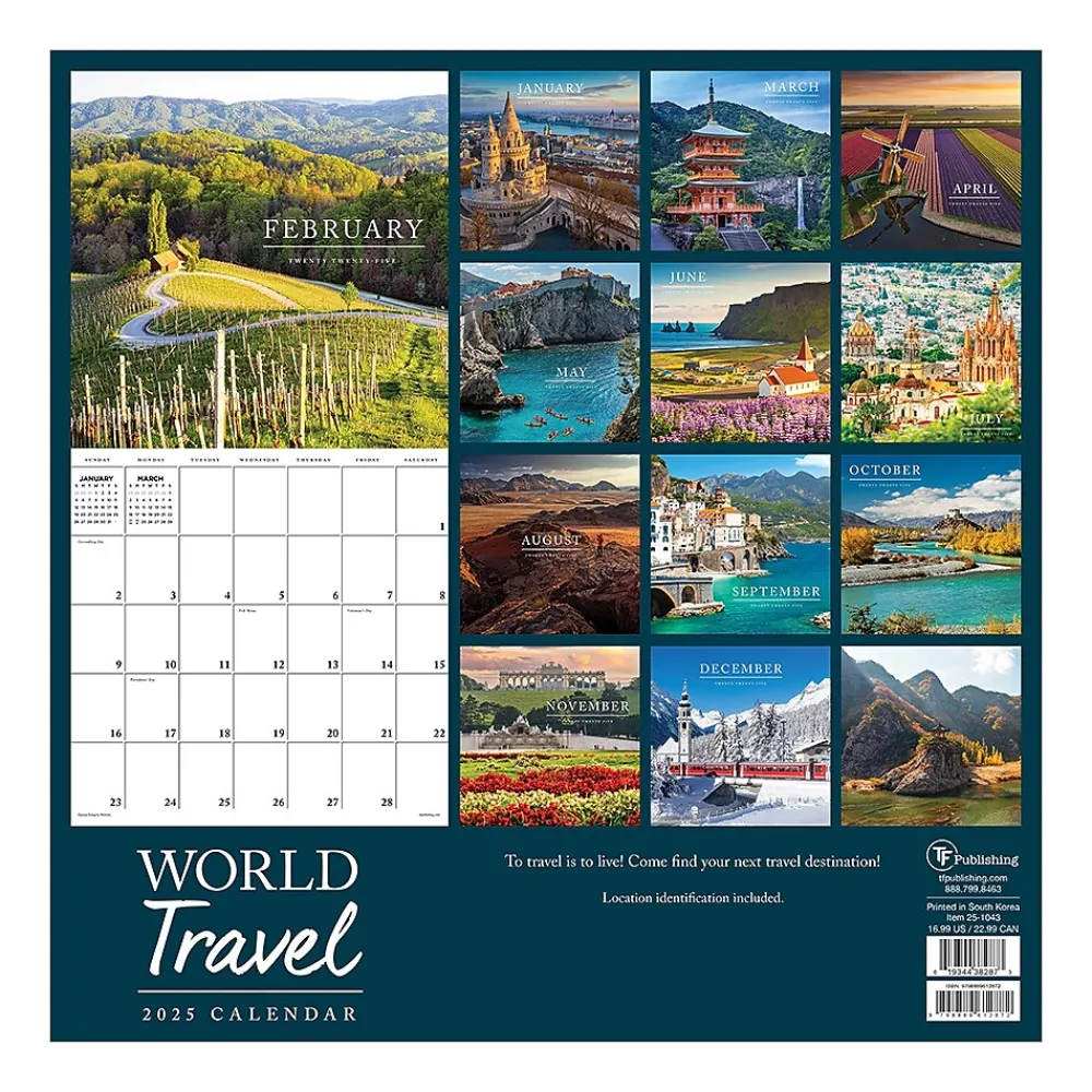 2025 Calendars|TF Publishing 2025 World Travel 12" x 12" Monthly Wall Calendar (25-1043)