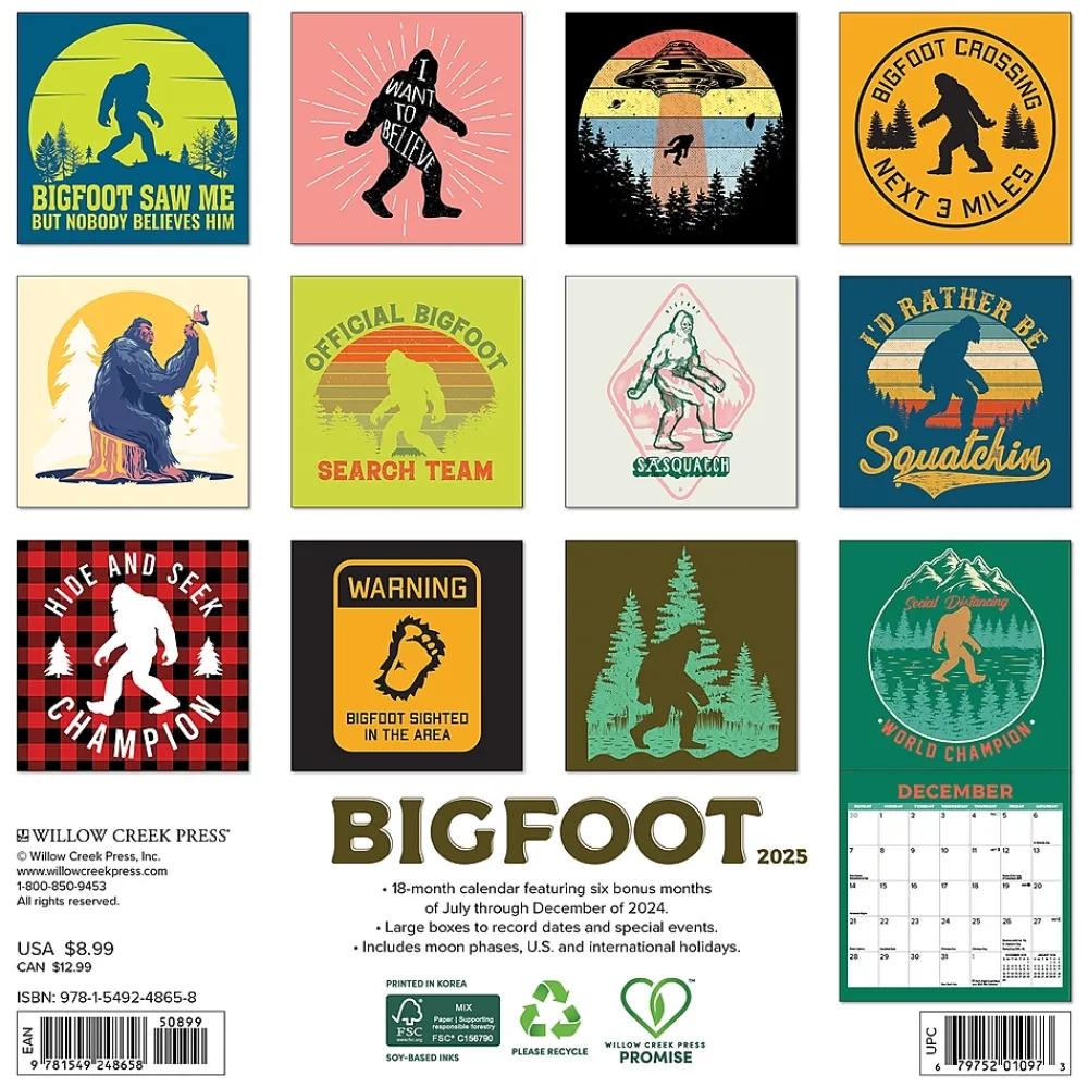 2025 Calendars|Willow Creek 2025 Bigfoot 7" x 7" Yearly Wall Calendar (48658)