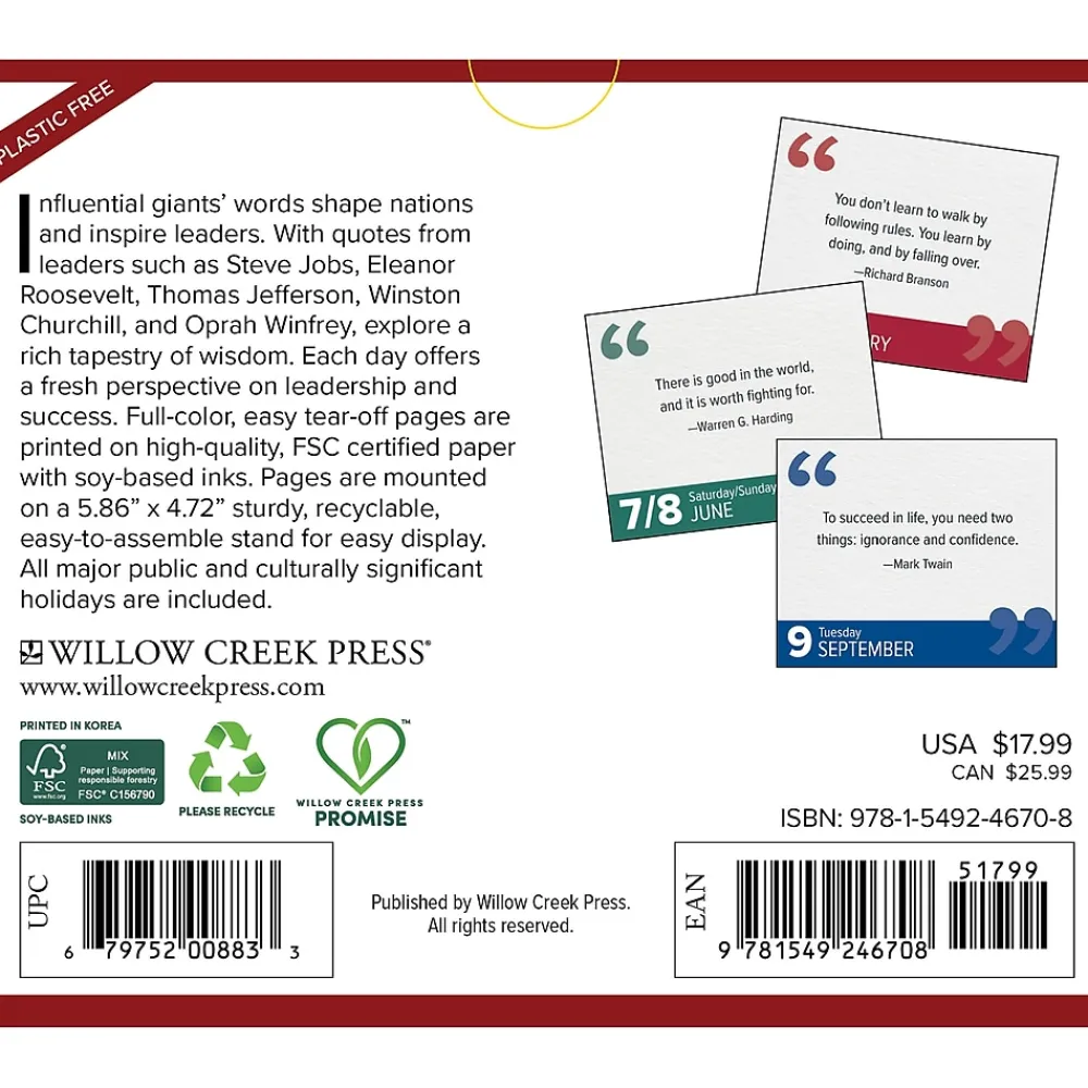 2025 Calendars|Willow Creek 2025 Great Leaders, Greatest Quotes 6.2" x 5.4" Daily Calendar (46708)