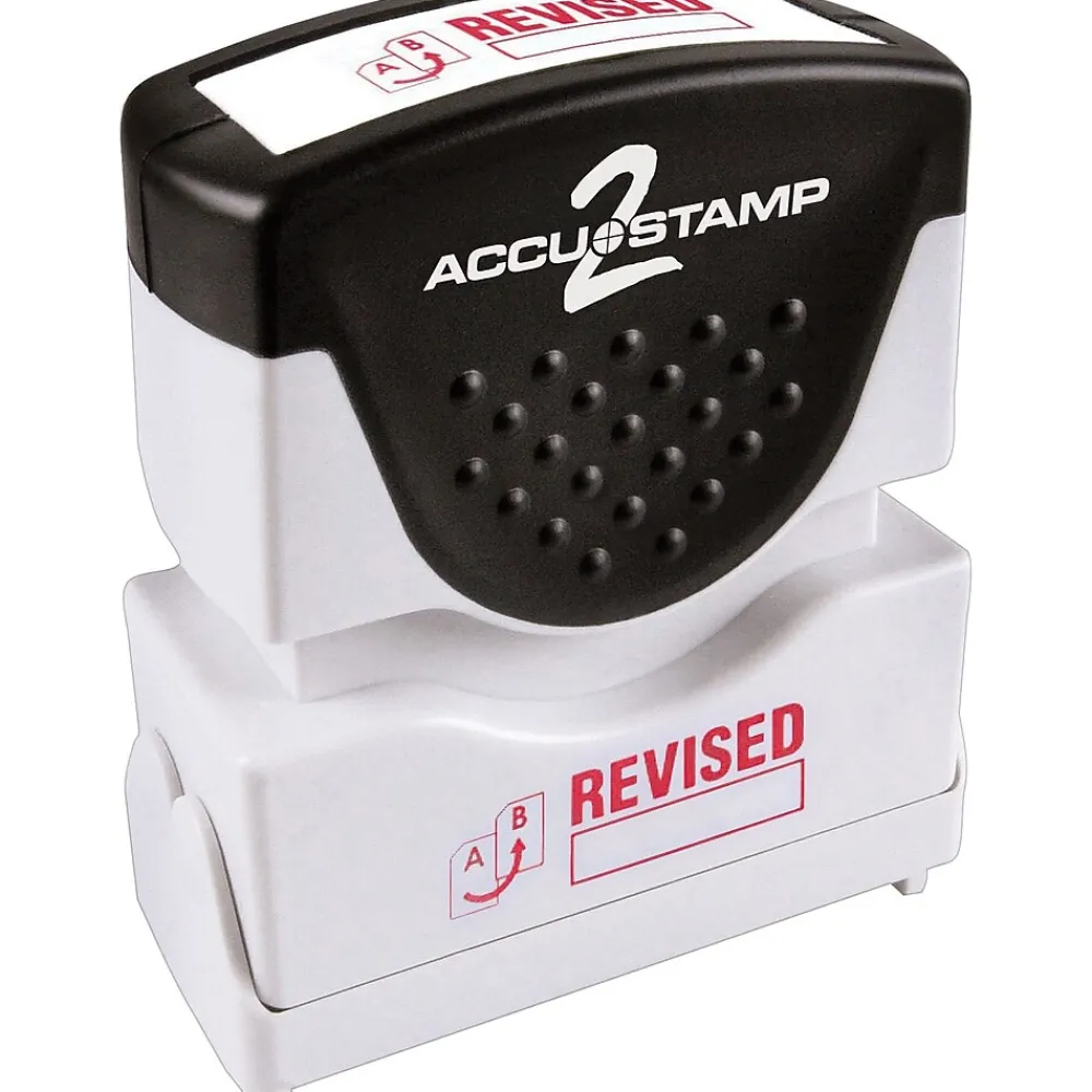 Stamps & Stamp Pads|Accu-Stamp 2 One-Color Pre-Inked Shutter Message Stamp, REVISED, 1/2" x 1-5/8" Impression, Red Ink (035587)