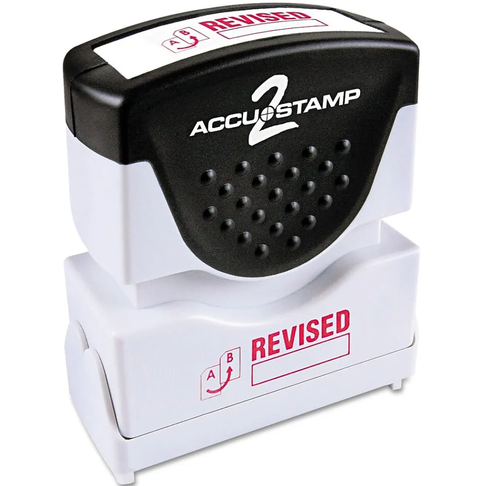 Stamps & Stamp Pads|Accu-Stamp 2 One-Color Pre-Inked Shutter Message Stamp, REVISED, 1/2" x 1-5/8" Impression, Red Ink (035587)