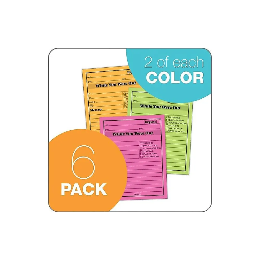 Notepads|Adams While You Were Out Memo Pads, 4.25" x 5.5", Assorted Colors, 50 Sheets/Pad, 6 Pads/Pack (9711NEON)