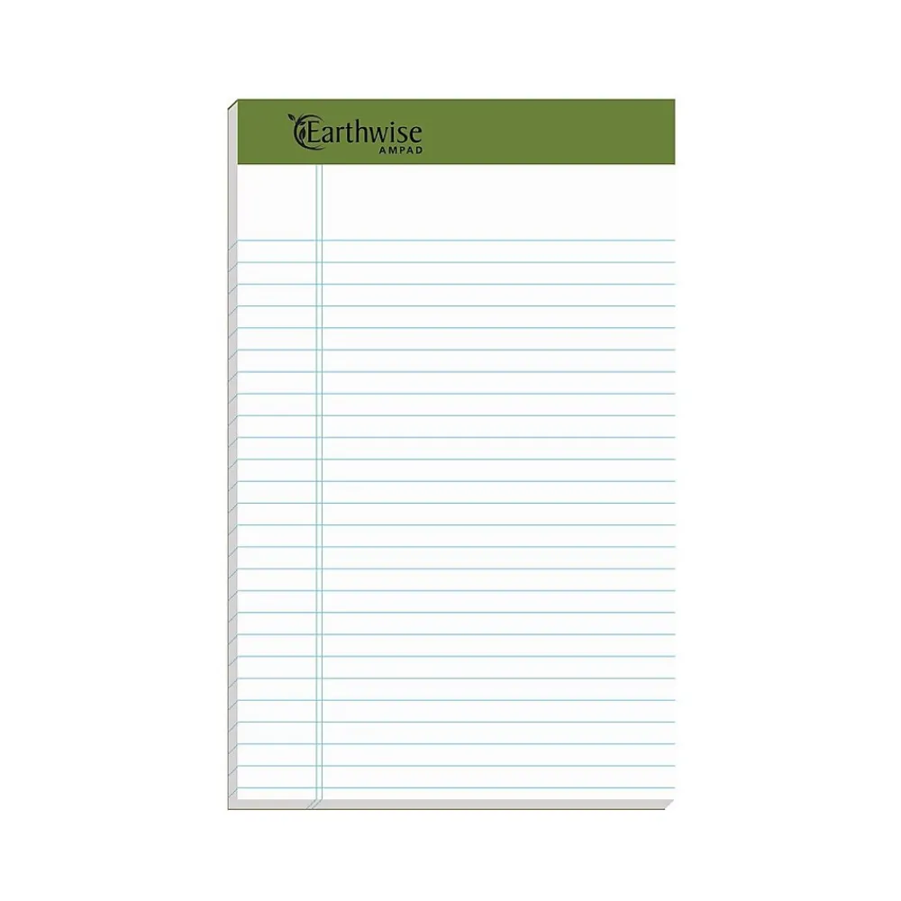 Notepads|Ampad Earthwise 100% Recycled Ruled Pad, 5x8", Jr. Legal Ruling, White, 50 Sheets/Pad, 12 Pads/Pack (20152)