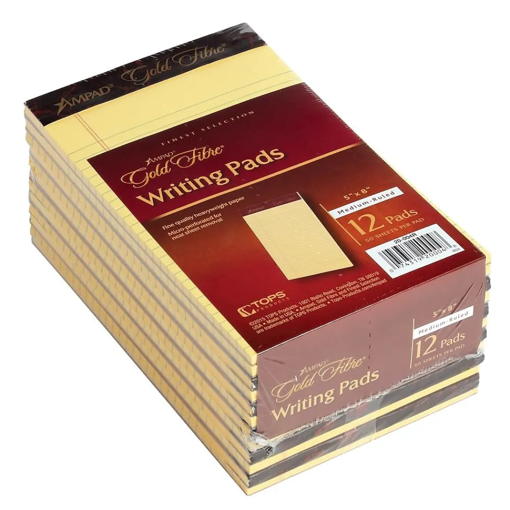 Notepads|Ampad Gold Fibre Notepads, 5" x 8", College Ruled, Canary, 50 Sheets/Pad, 12 Pads/Pack (TOP 20-004R)