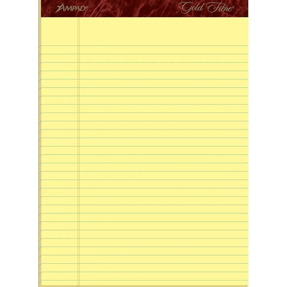 Notepads|Ampad Gold Fibre Notepads, 8.5" x 11.75", Wide Ruled, Canary, 50 Sheets/Pad, 4 Pads/Pack (TOP20-032R)