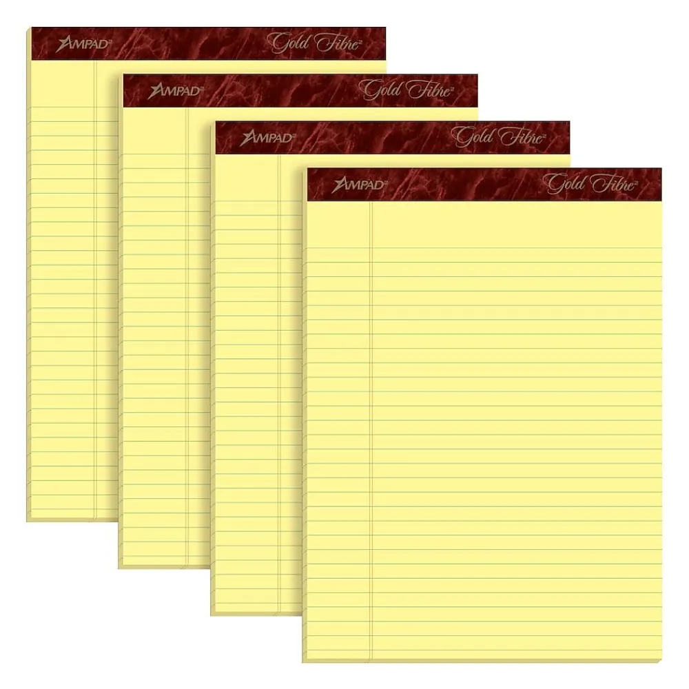 Notepads|Ampad Gold Fibre Notepads, 8.5" x 11.75", Wide Ruled, Canary, 50 Sheets/Pad, 4 Pads/Pack (TOP20-032R)