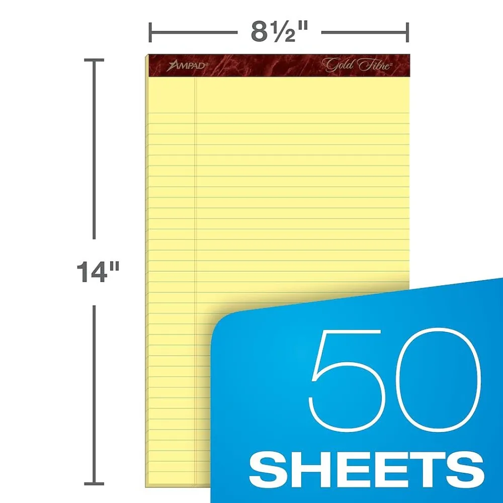 Notepads|Ampad Gold Fibre Notepads, 8.5" x 14", Wide Rule, Canary, 50 Sheets/Pad, 12 Pads/Pack (TOP 20-030R)