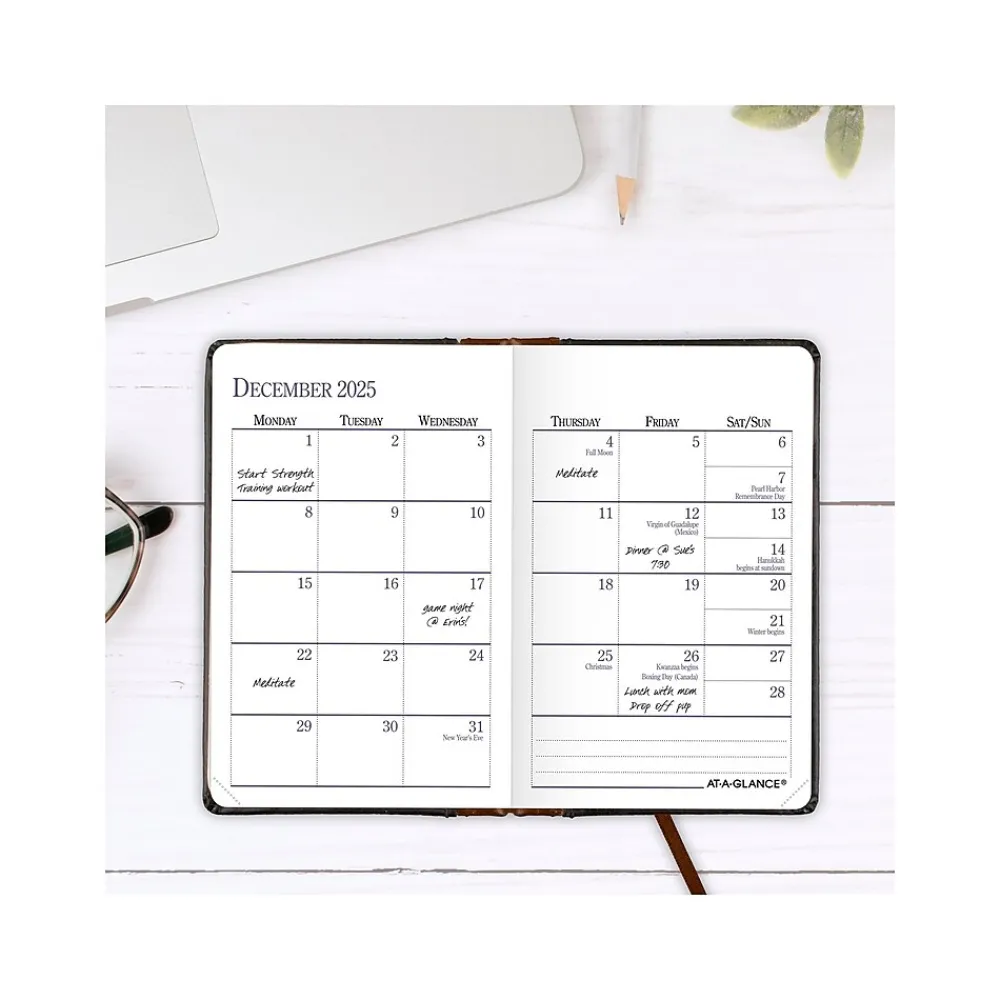 Journals|AT-A-GLANCE Fine Diary Pocket Hardcover 2025 Weekly and Monthly Diary, 2.75" x 4.25", Ruled, Black/Brown (74-01-05-25)