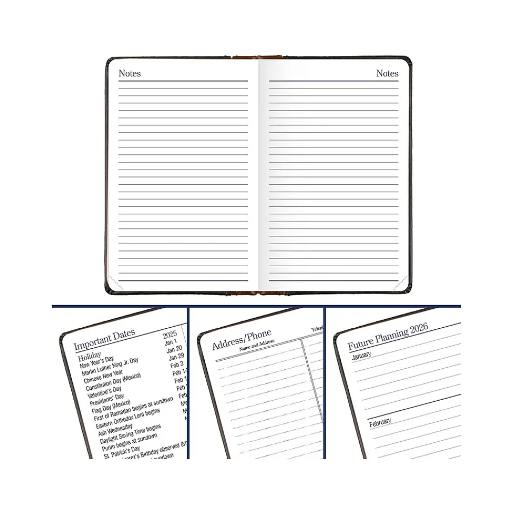 Journals|AT-A-GLANCE Fine Diary Pocket Hardcover 2025 Weekly and Monthly Diary, 2.75" x 4.25", Ruled, Black/Brown (74-01-05-25)