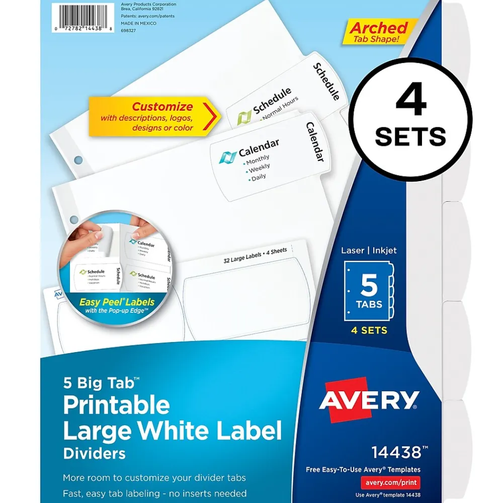 Dividers|Avery Big Tab Printable Paper Dividers with Large White Labels, 5 Tabs, White, 4 Sets/Pack (14438)