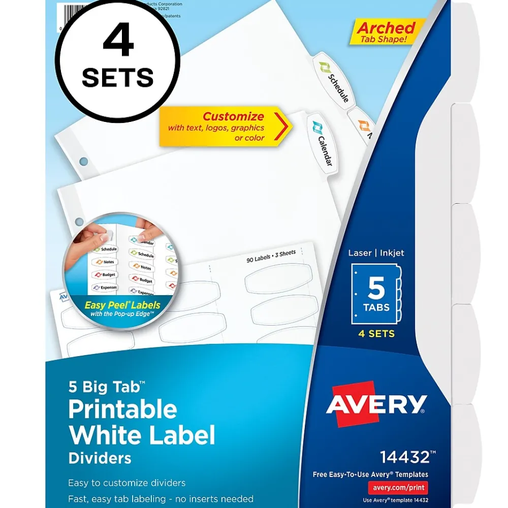 Dividers|Avery Big Tab Printable Paper Dividers with White Labels, 5 Tabs, 4 Sets/Pack (11432)