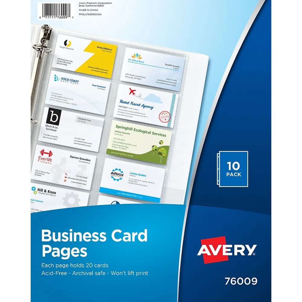 Sheet Protectors|Avery Business Card Pages, 3-Hole Punched, 8.5" x 11", Clear, 10/Pack (76009)