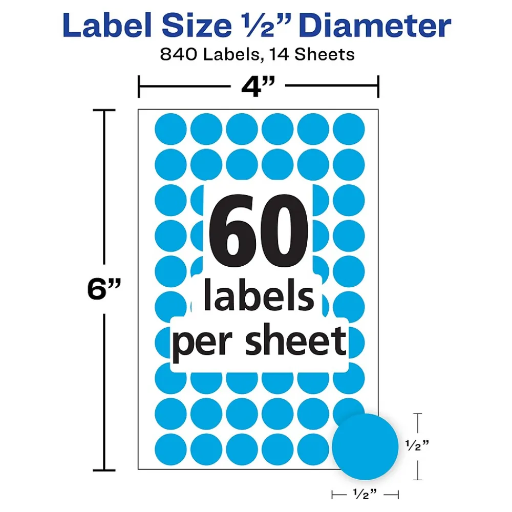 Labels|Avery Color-Coding Labels, 1/2 " Dia, Light Blue, Non-Printable, 840 Labels/Pack (5050)