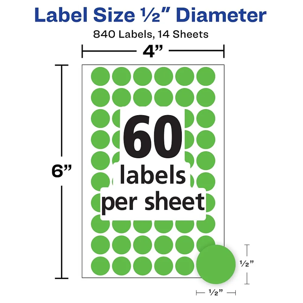 Labels|Avery Color-Coding Labels, 1/2 " Dia, Neon Green, Non-Printable, 840 Labels/Pack (5052)