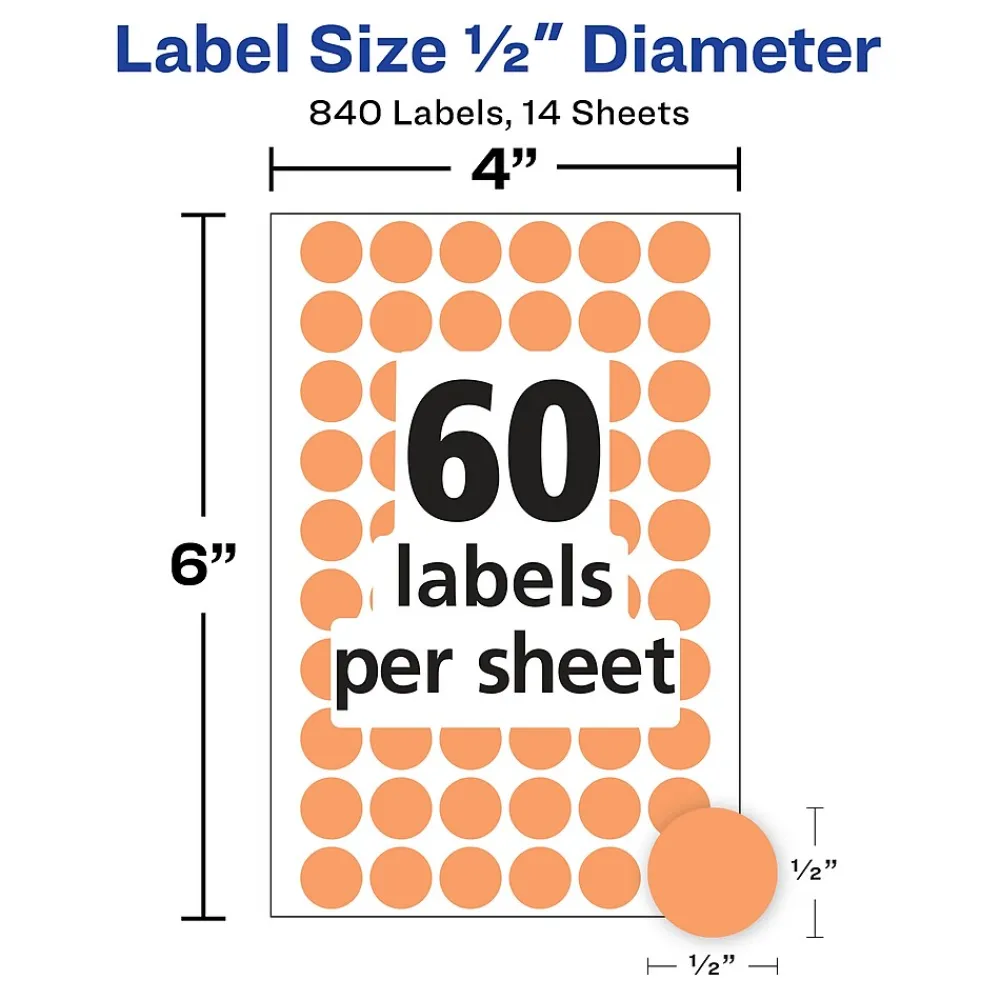 Labels|Avery Color-Coding Labels, 1/2 " Dia, Neon Orange, Non-Printable, 840 Labels/Pack (5062)