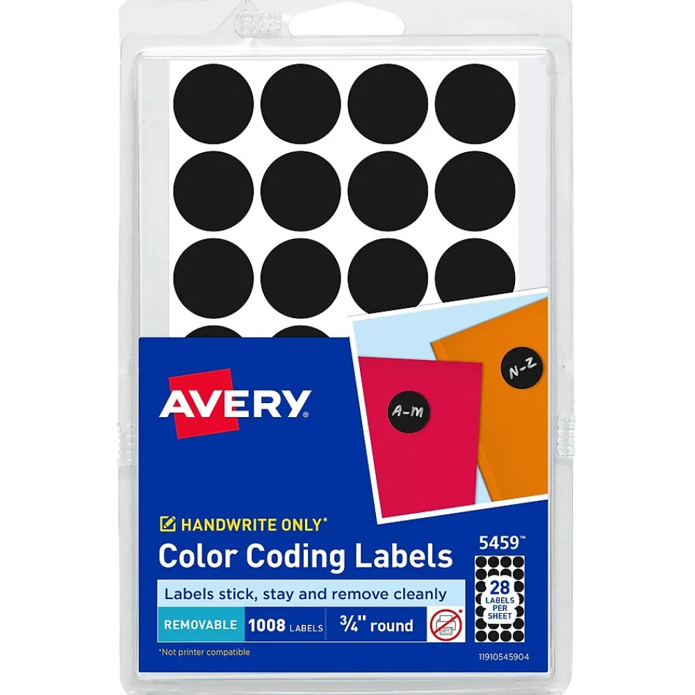 Labels|Avery Color-Coding Labels on 4" x 6" Sheets, 3/4" Dia, Black, Non-Printable, 1,008 Labels/Pack (5459)
