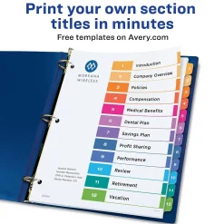 Dividers|Avery Customizable Table of Contents Dividers, 12-Tab, Multicolor, 3 Sets/Pack (11073)