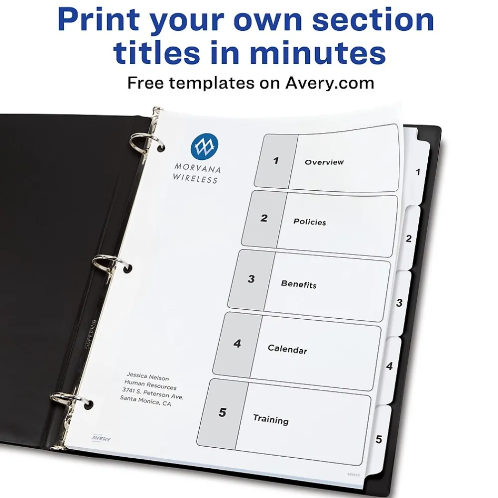 Dividers|Avery Customizable Table of Contents Dividers, Ready Index Printable Section Titles, Preprinted 1-5 White Tabs, 3 Sets (11075)
