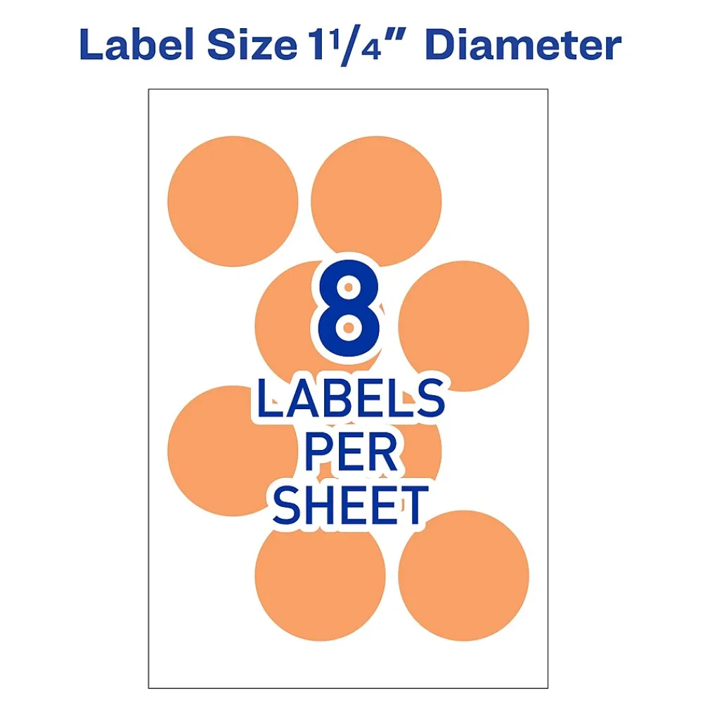 Labels|Avery Easy Peel Laser Color Coding Labels, 1 1/4" Dia, Neon Orange, 8 Labels/Sheet, 50 Sheets/Pack (5476)