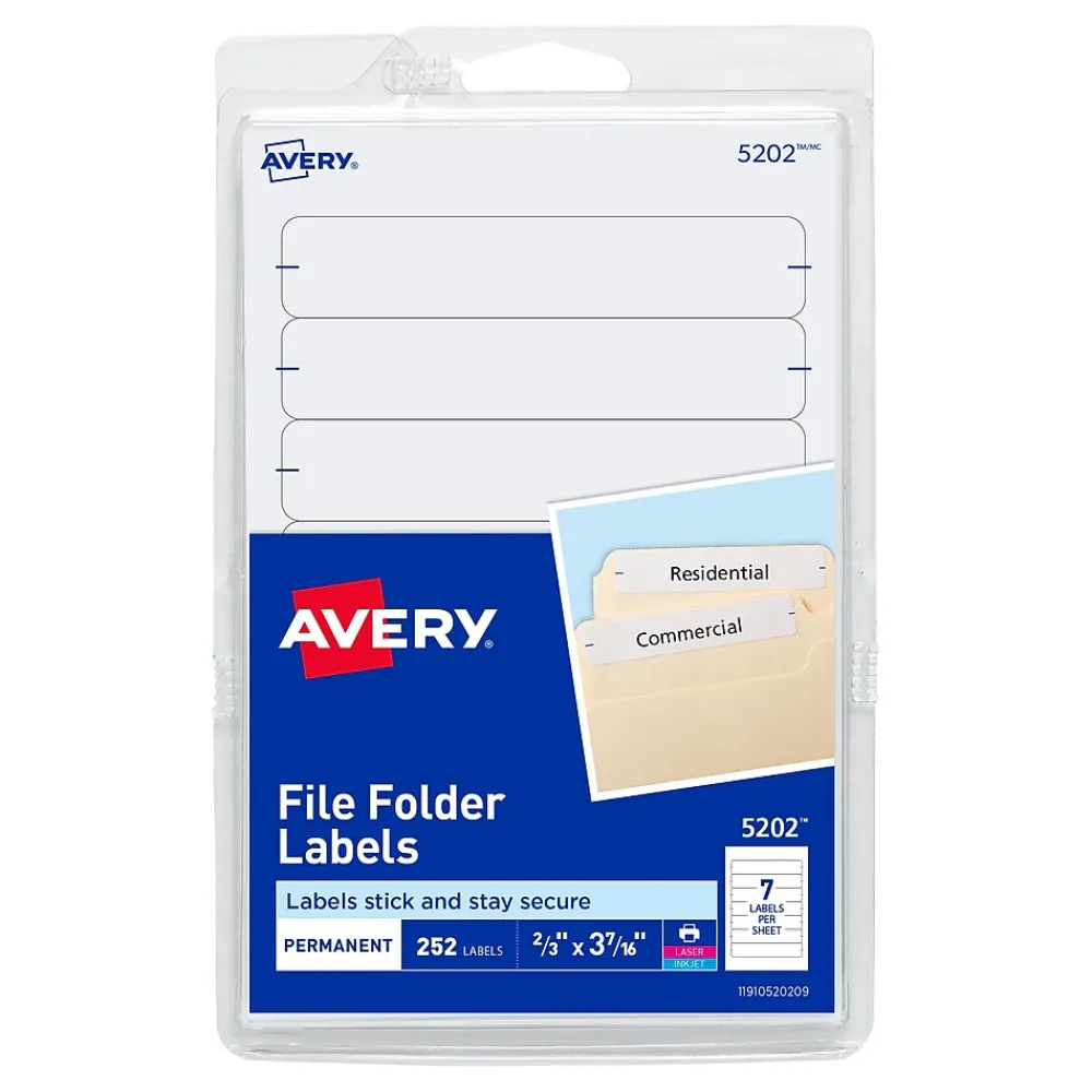 Labels|Avery Easy Peel Laser/Inkjet File Folder Labels, 2/3" x 3-7/16", , 252 Labels/Pack (5202) White