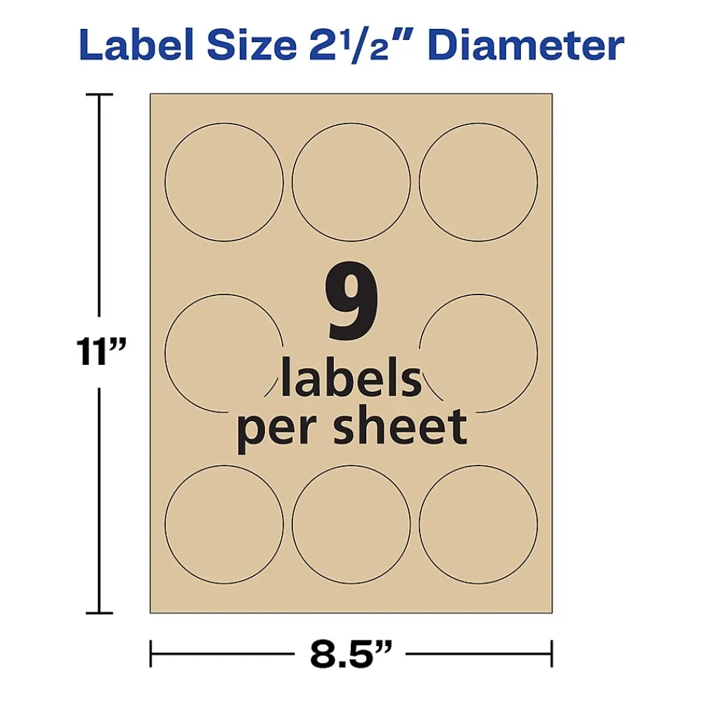 Labels|Avery Easy Peel Laser/Inkjet Round Labels, 2 1/2" Dia, Kraft Brown, 225 Labels/Pack (22808)