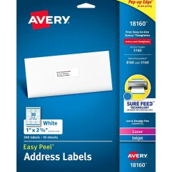 Labels|Avery Easy Peel Laser/Inkjet Address Labels, 1" x 2-5/8", White, 300 Labels/Pack (18660)