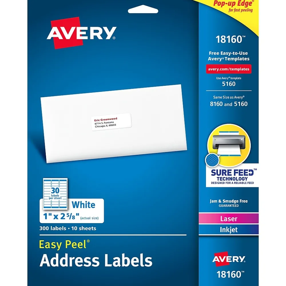 Labels|Avery Easy Peel Laser/Inkjet Address Labels, 1" x 2-5/8", White, 300 Labels/Pack (18660)