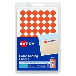 Labels|Avery Hand Written Color Coding Labels, 0.5"Dia., Neon Red, 60/Sheet, 14 Sheets/Pack (5051)