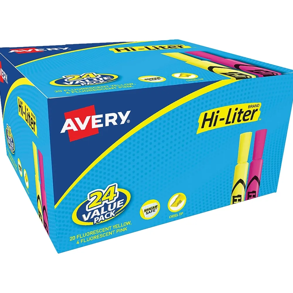 Highlighters|Avery Hi-Liter Desk Style Highlighters, Chisel Tip, Assorted, 24/Pack (98189)