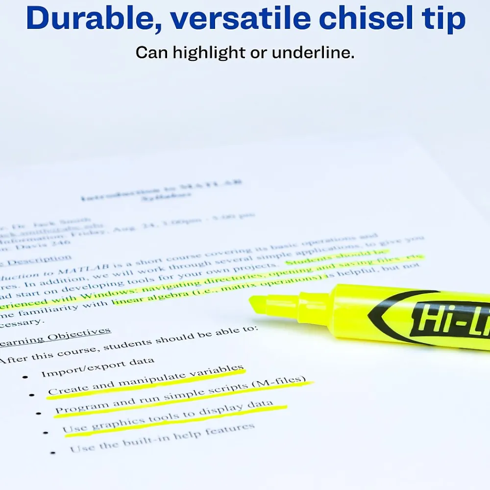 Highlighters|Avery Hi-Liter Tank Highlighters, Chisel, Yellow, Dozen (98035)