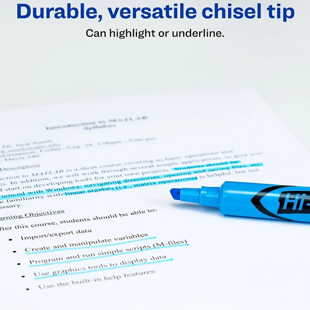 Highlighters|HI-LITER Avery Tank Highlighters, Chisel Tip, Blue, Dozen (07746)