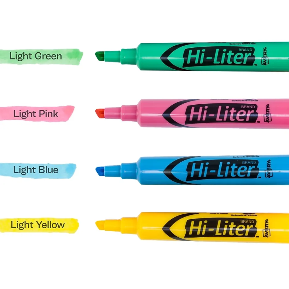 Highlighters|Avery Hi-Liter Tank Highlighter, Chisel Tip, Assorted, 4/Pack (17752)