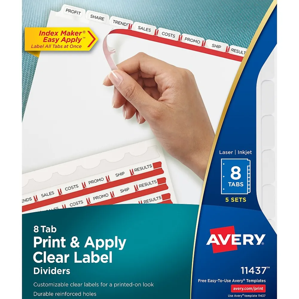 Dividers|Avery Index Maker Paper Dividers with Print & Apply Label Sheets, 8 Tabs, White, 5 Sets/Pack (11437)