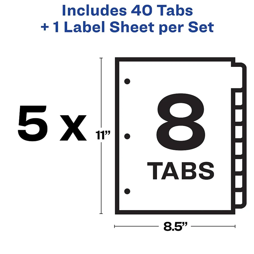 Dividers|Avery Index Maker Paper Dividers with Print & Apply Label Sheets, 8 Tabs, White, 5 Sets/Pack (11437)