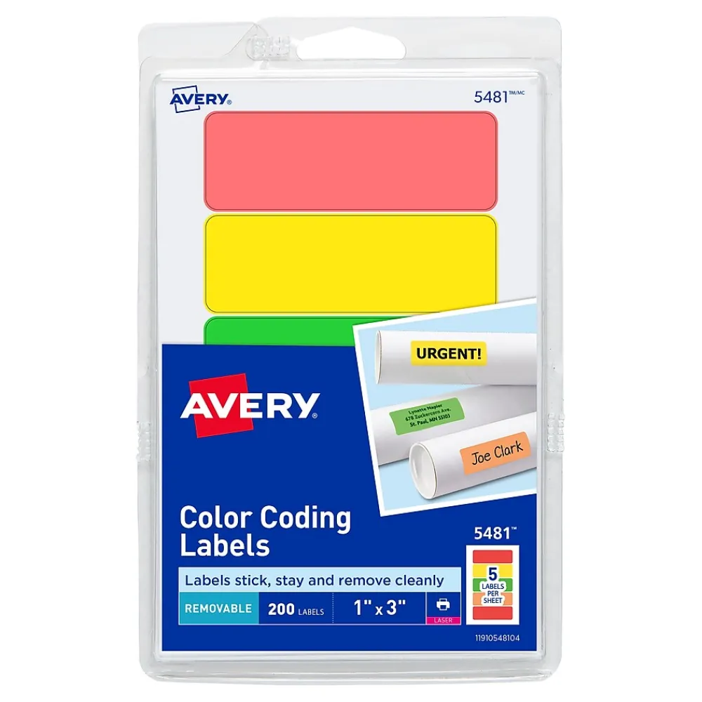 Labels|Avery Laser Color Coding Labels on 4" x 6" Sheets, 1" x 3", Assorted Colors, 200 Labels/Pack (5481)