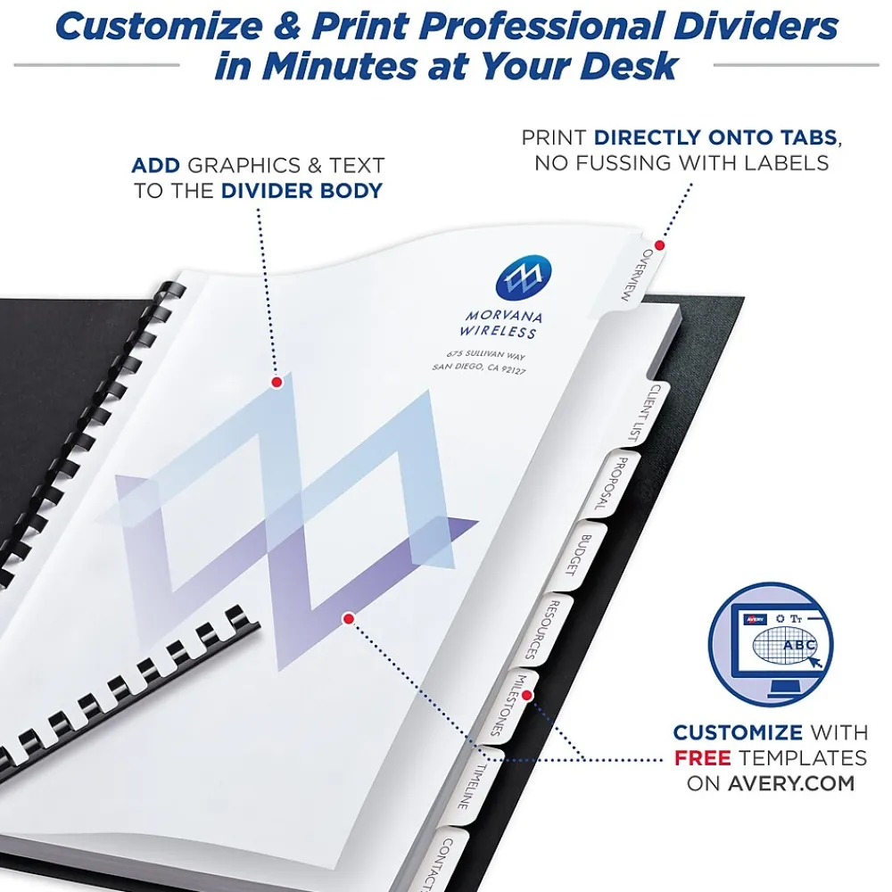 Dividers|Avery Print-On Unpunched Paper Dividers, 8 Tabs, White, 5 Sets/Pack (11553)
