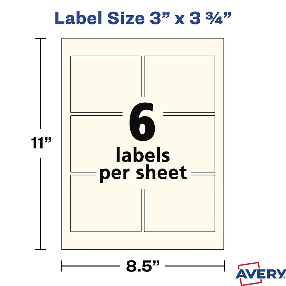 Labels|Avery Print-to-the-Edge Laser/Inkjet Rectangle Labels, 3" x 3 3/4", Pearlized Ivory, 48 Labels/Pack (22823)