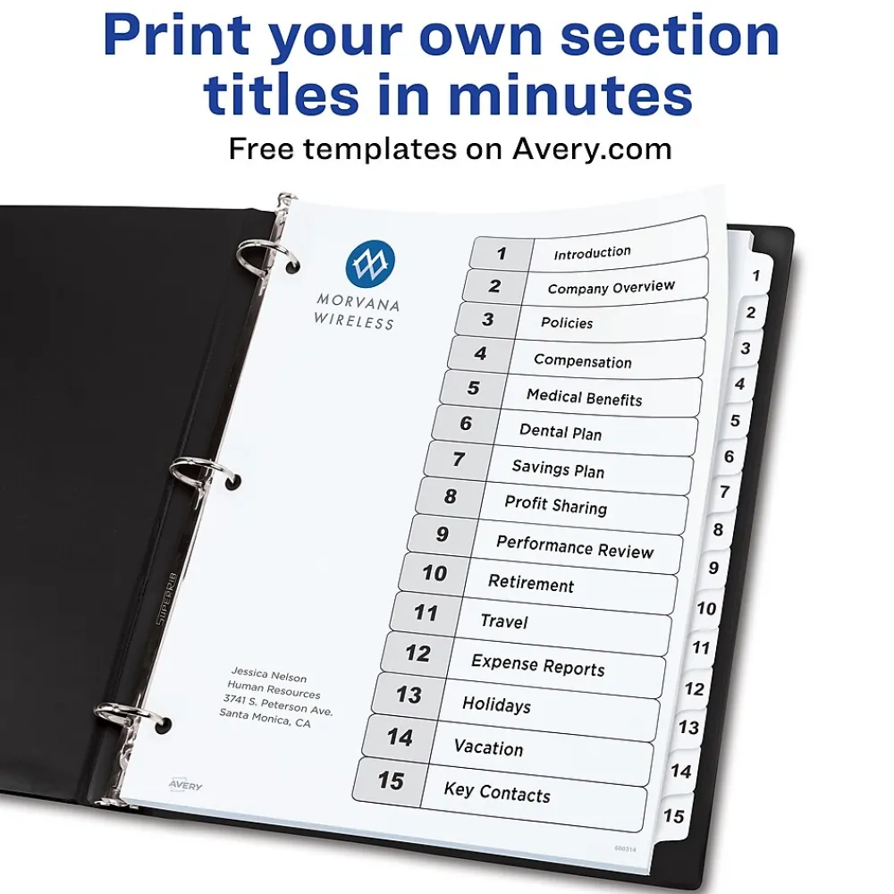 Dividers|Avery Ready Index Customizable Table Of Contents Preprinted Paper Dividers, 15-Tab, White, 3 Sets/Pack (11079)