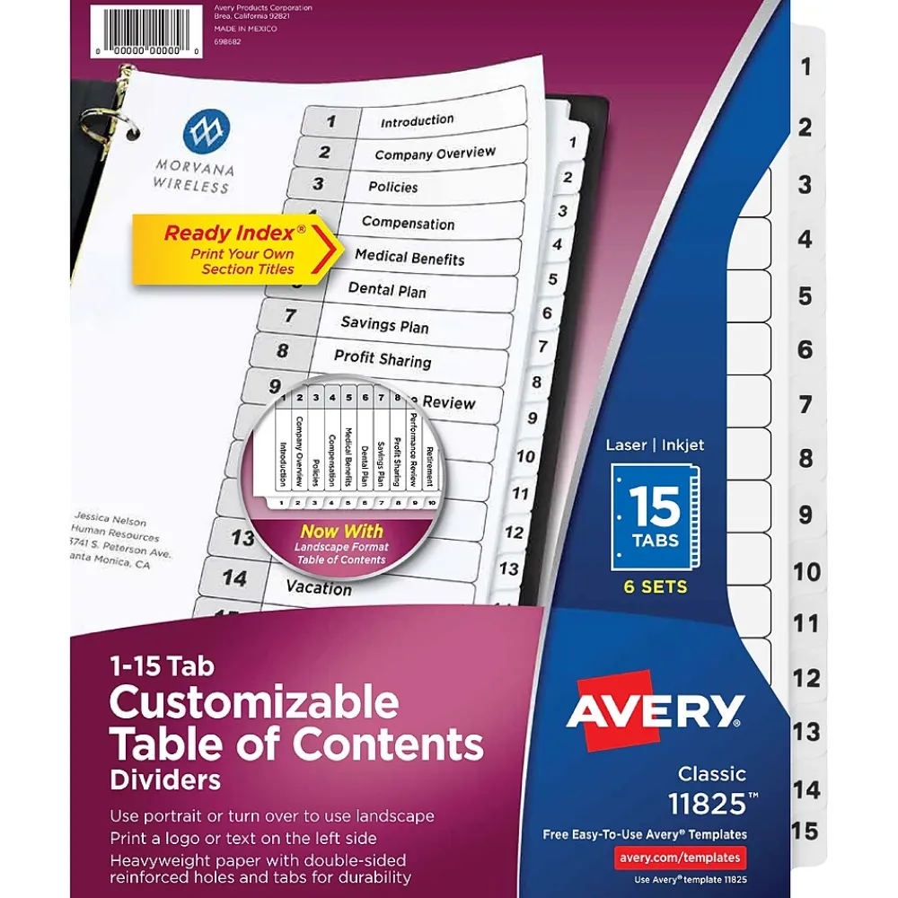 Dividers|Avery Ready Index Table of Contents Paper Dividers, 1-15 Tabs, White, 6 Sets/Pack (11825)
