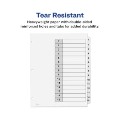 Dividers|Avery Ready Index Table of Contents Paper Dividers, 1-15 Tabs, White, 6 Sets/Pack (11825)