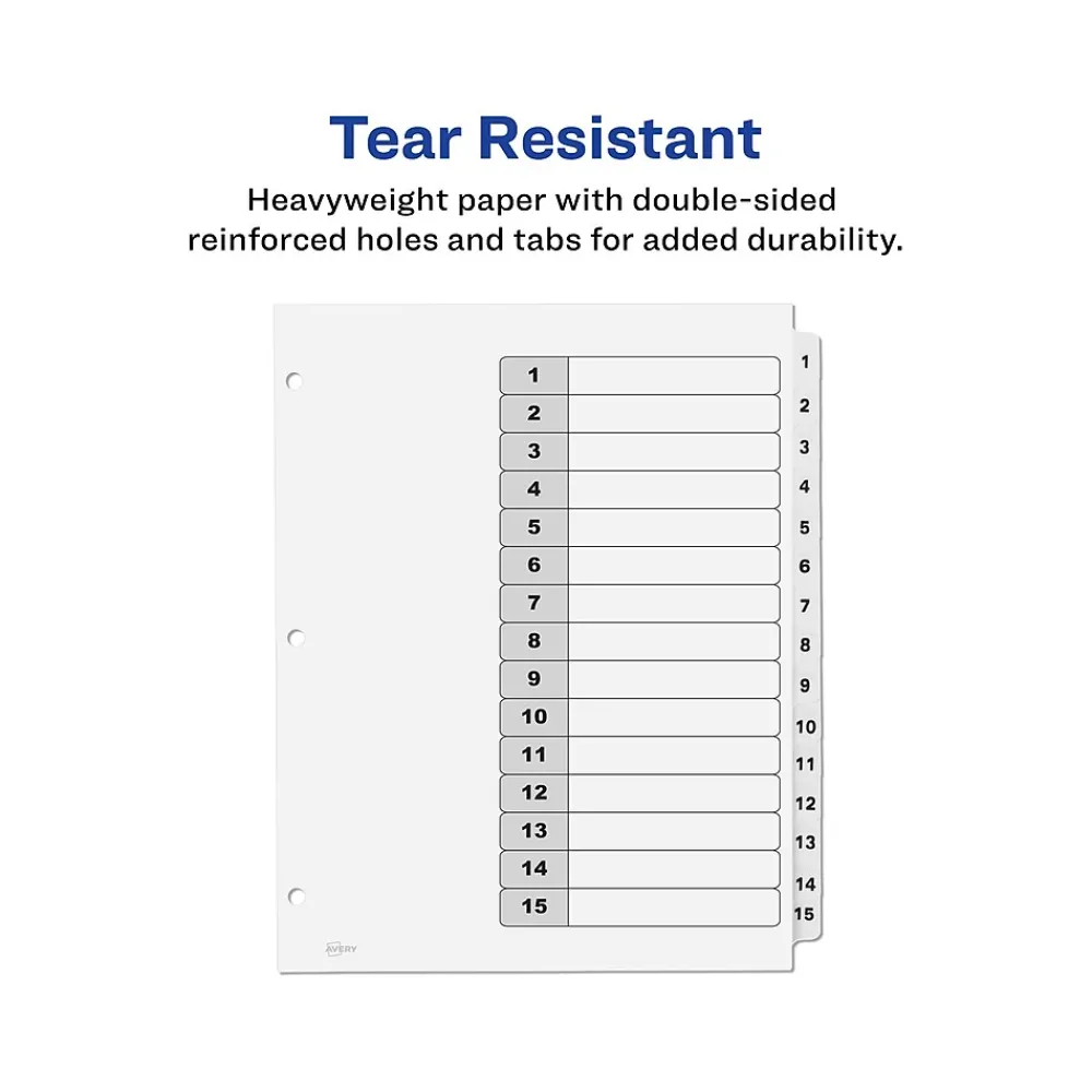 Dividers|Avery Ready Index Table of Contents Paper Dividers, 1-15 Tabs, White, 6 Sets/Pack (11825)