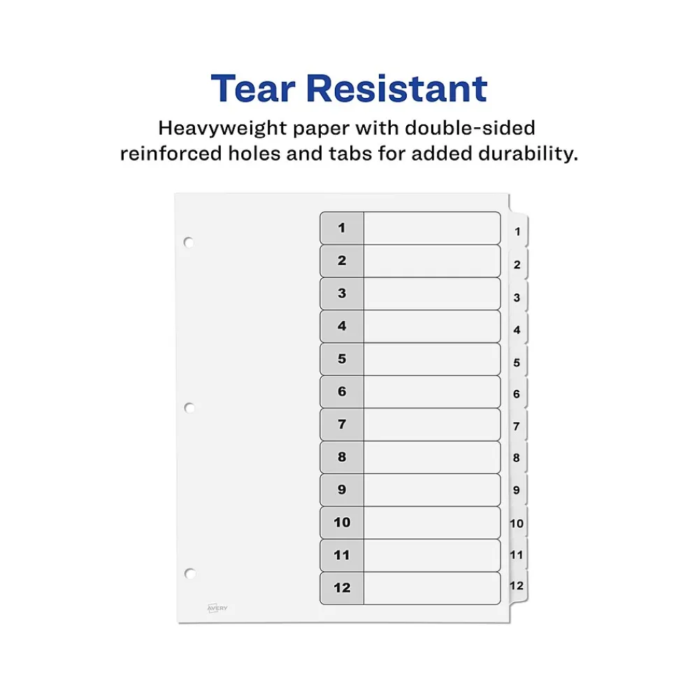 Dividers|Avery Ready Index Table of Contents Paper Dividers, 1-12 Tabs, White, 6 Sets/Pack (11824)