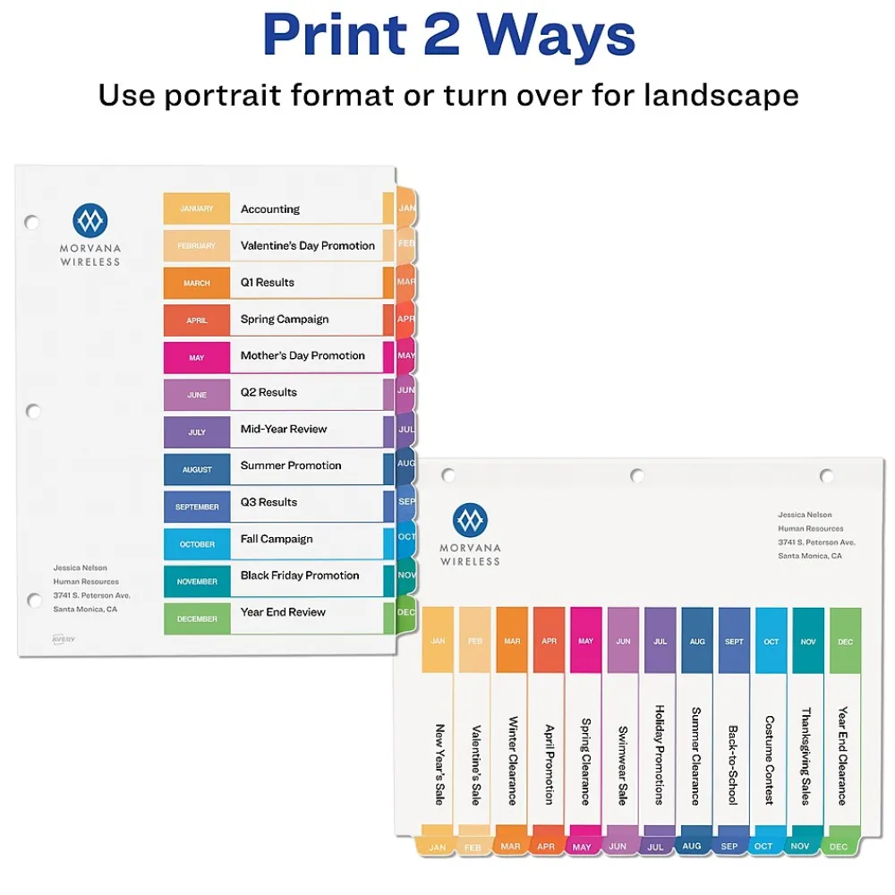 Dividers|Avery Ready Index Table of Contents Pre-Printed Monthly Paper Divider, Jan-Dec, Multicolor, 6 Sets (11830)